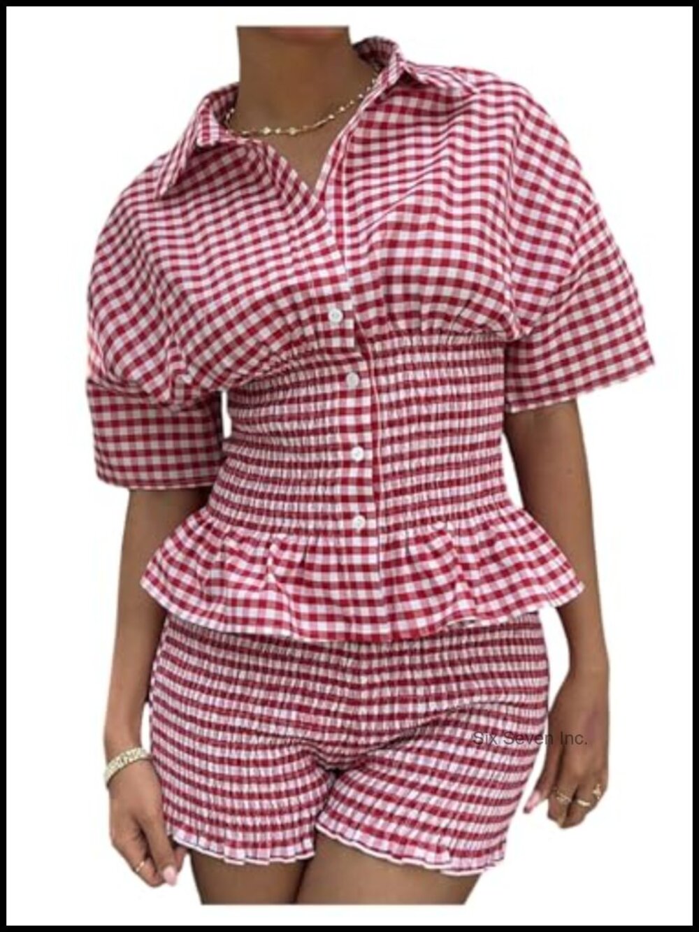 Milumia Gingham Plaid Babydoll Peplum Top & Shorts 2 Piece Set